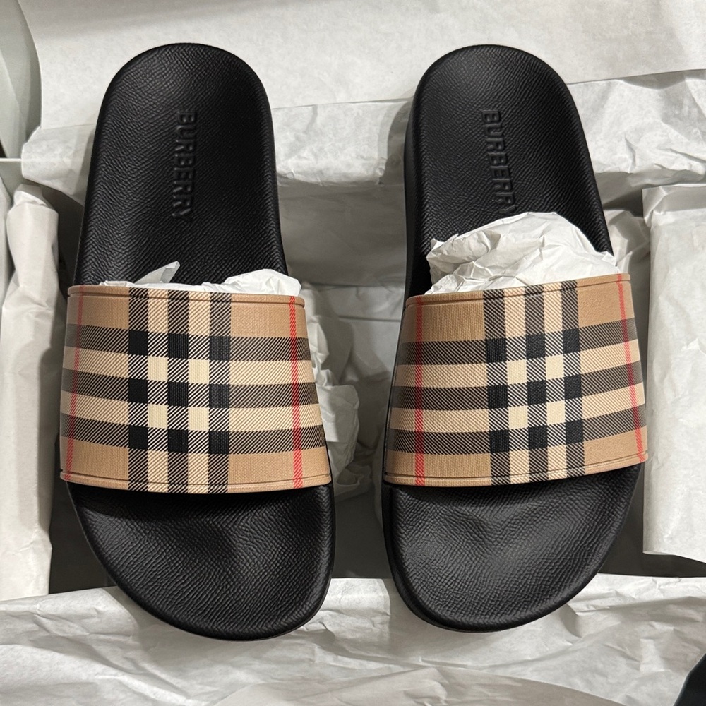 Burberry Black and Beige Plaid Sandals